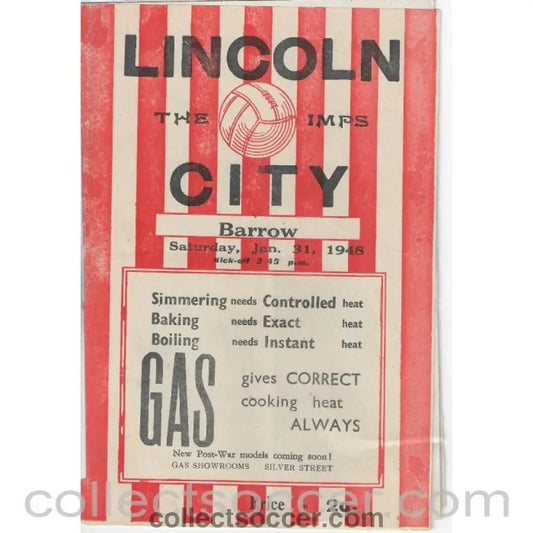 1948 - Lincoln City v Barrow 31/1/1948 Football Programme - Collect Soccer