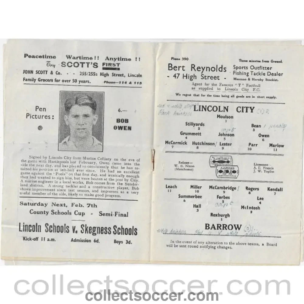 1948 - Lincoln City v Barrow 31/1/1948 Football Programme - Collect Soccer