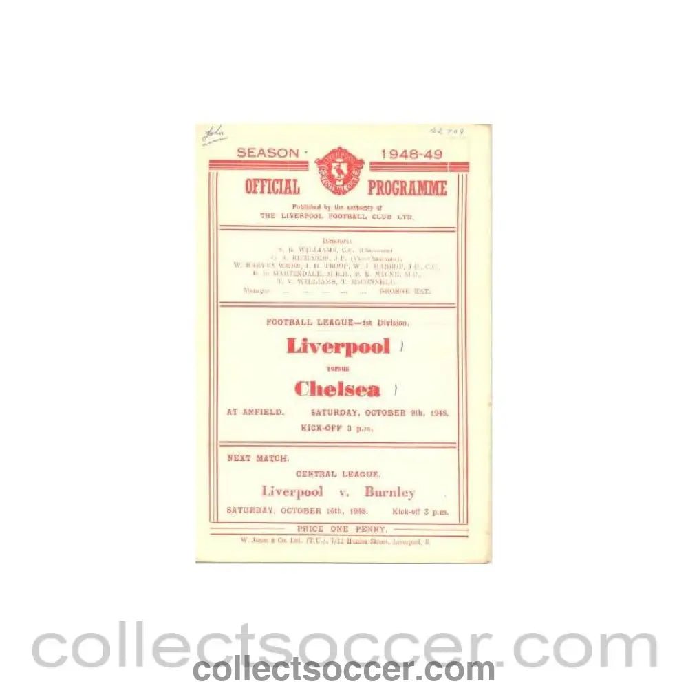 1948 - Liverpool vChelsea official programme 09/10/1948 - Collect Soccer