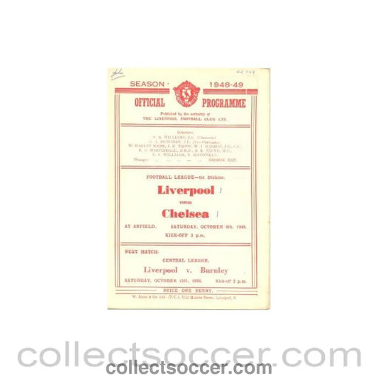 1948 - Liverpool vChelsea official programme 09/10/1948 - Collect Soccer