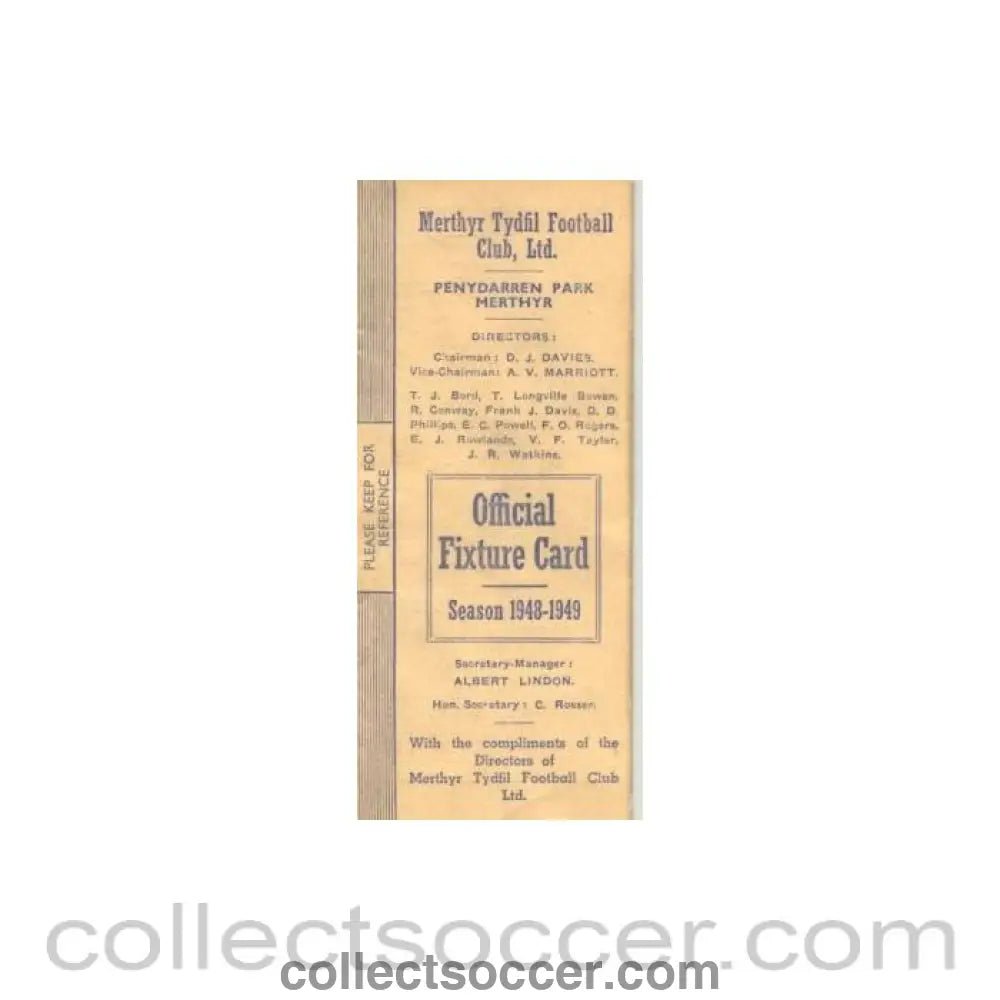 1948 - Merthyr Tydfil Football Club Fixtures 1948-1949 - Collect Soccer