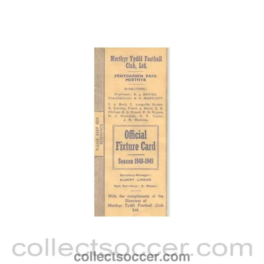 1948 - Merthyr Tydfil Football Club Fixtures 1948-1949 - Collect Soccer