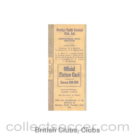 1948 - Merthyr Tydfil Football Club Fixtures 1948-1949