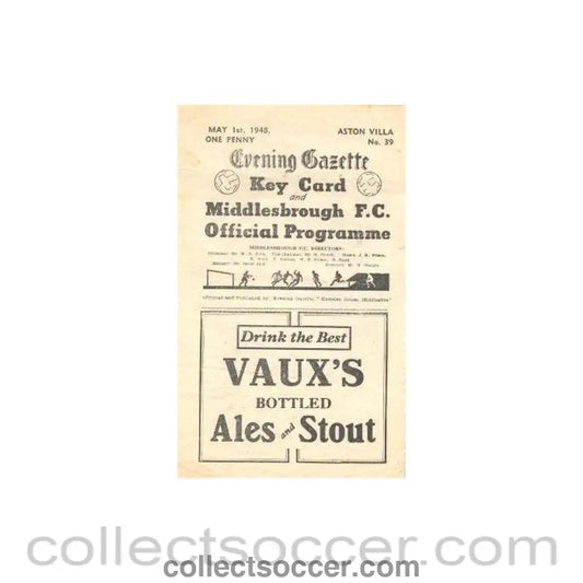 1948 - Middlesbrough v Aston Villa official programme 01/05/1948