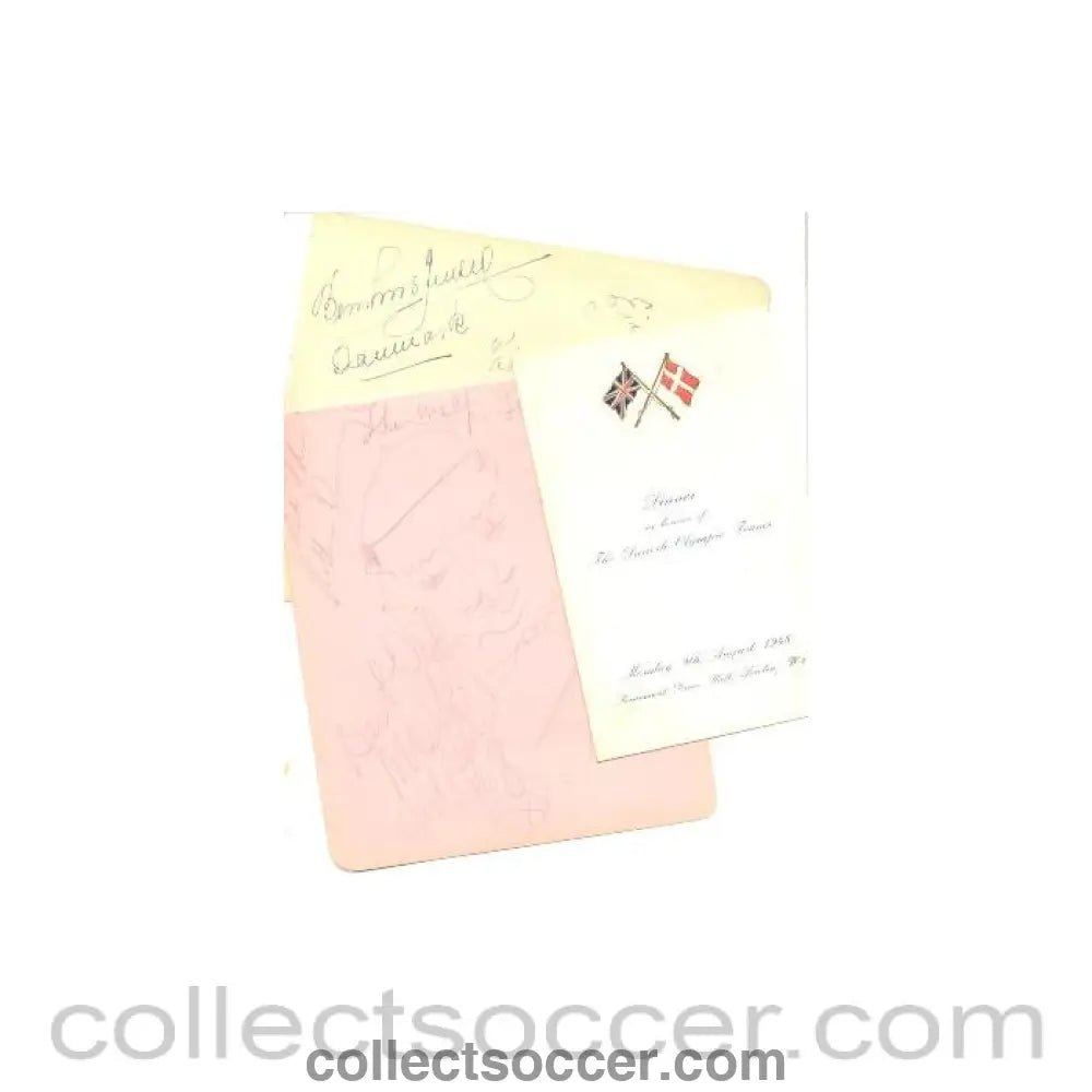 1948 Olympics Menu of dinner in honour of the Danish Team, autographed by four members with two loose album pages with further autographs - Collect Soccer