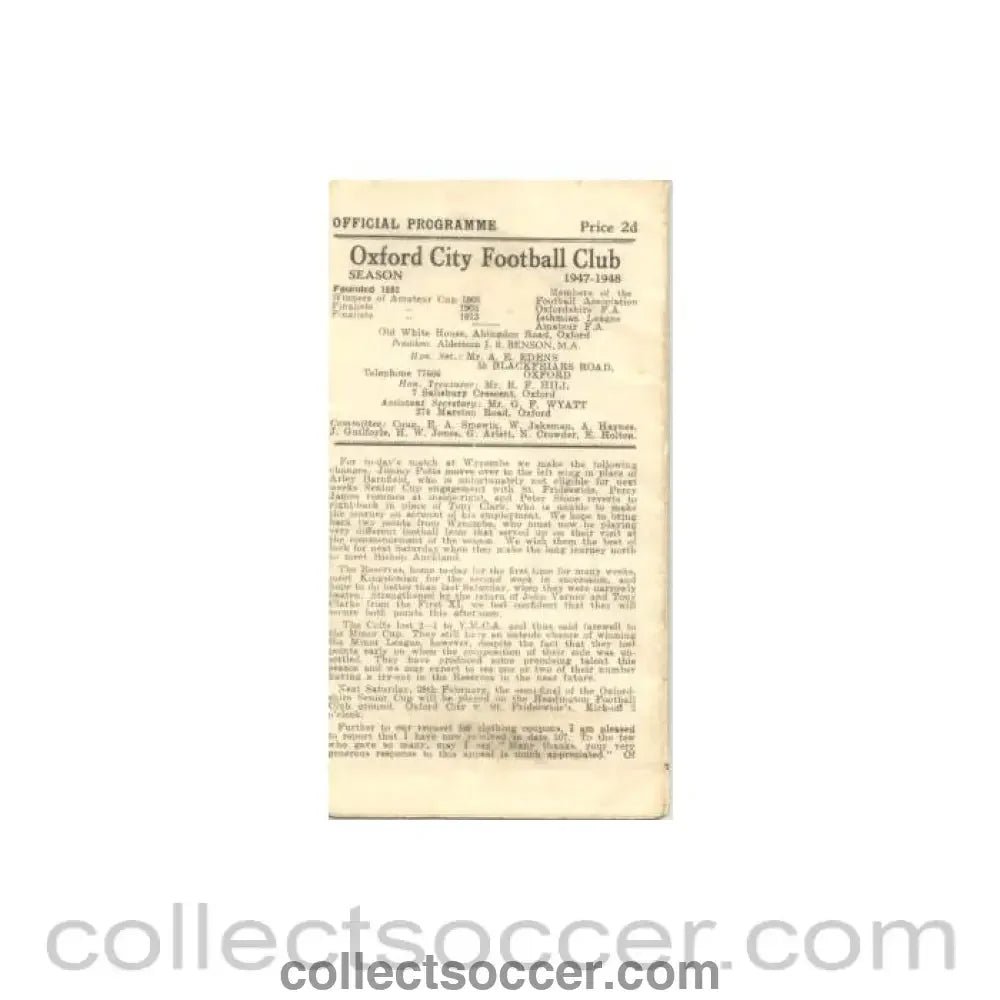 1948 - Oxford City v Kingstonian official programme 21/02/1948 - Collect Soccer