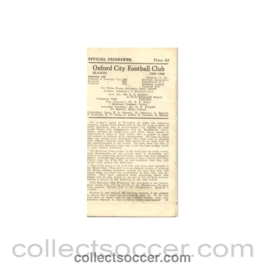 1948 - Oxford City v Kingstonian official programme 21/02/1948 - Collect Soccer