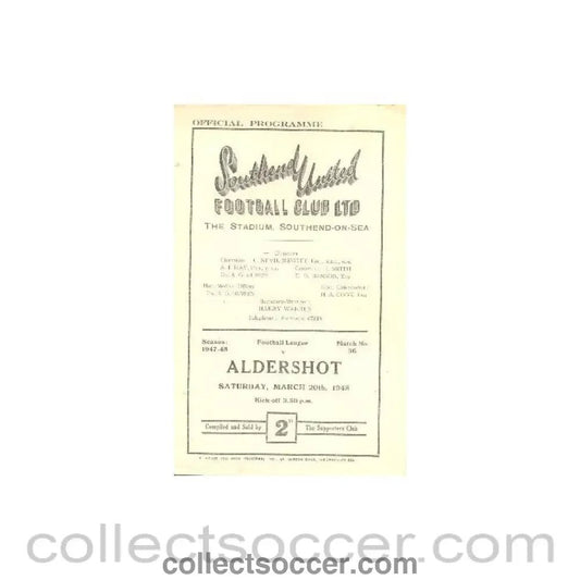 1948 - Southend United v Aldershot official programme 20/03/1948 - Collect Soccer
