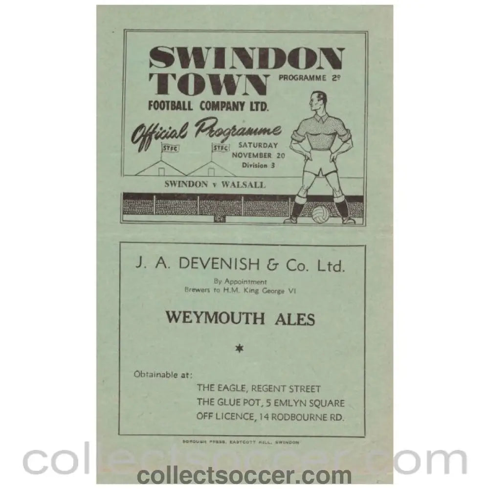 1948 Swindon v Walsall Football Programme - Collect Soccer
