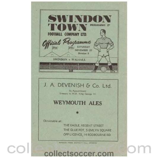 1948 Swindon v Walsall Football Programme - Collect Soccer