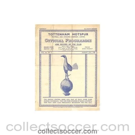1948 - Tottenham Hotspur v Leicester City Reserves official programme 23/08/1948 - Collect Soccer