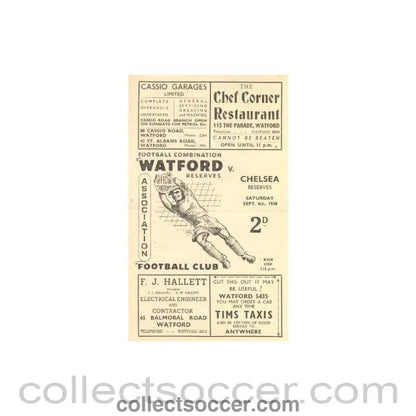 1948 - Watford Reserves vChelsea Reserves official programme 04/09/1948 - Collect Soccer