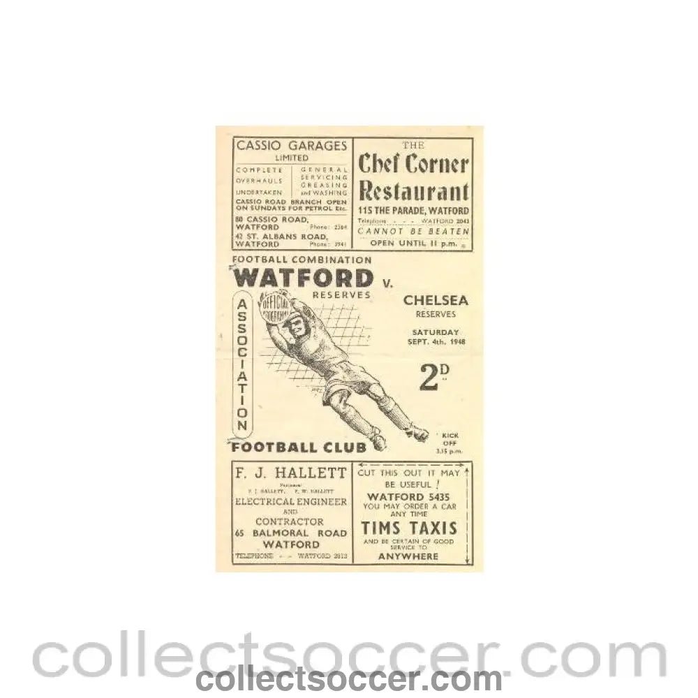 1948 - Watford Reserves vChelsea Reserves official programme 04/09/1948 - Collect Soccer