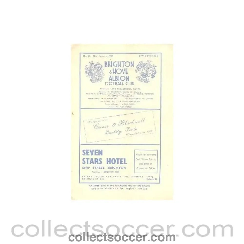 1949 - Brighton & Hove Albion v Millwall official programme 22/01/1949 - Collect Soccer