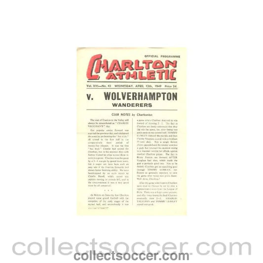 1949 - Charlton Athletic v Wolverhampton official programme 13/04/1949