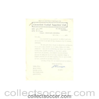 1949 - Chesterfield Football Supporters’ Club letter of 19/07/1949 signed by Saunders with a business card