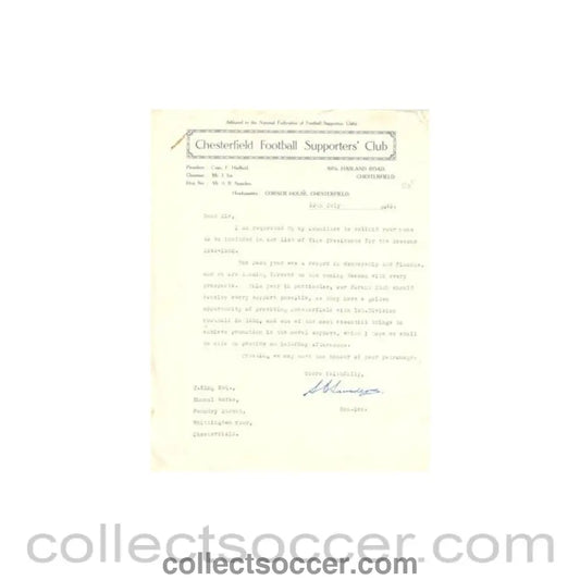 1949 - Chesterfield Football Supporters’ Club letter of 19/07/1949 signed by Saunders with a business card