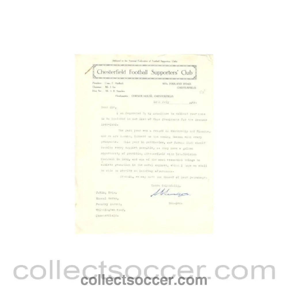 1949 - Chesterfield Football Supporters’ Club letter of 19/07/1949 signed by Saunders with a business card