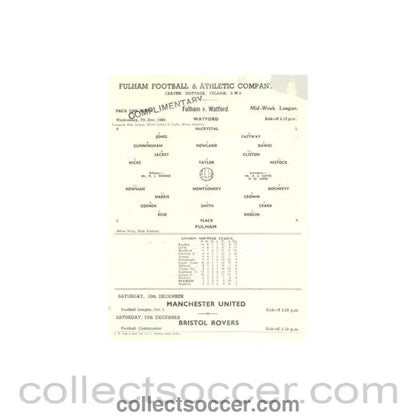 1949 - Fulham v Watford official programme 07/12/1949 Reserves - Collect Soccer