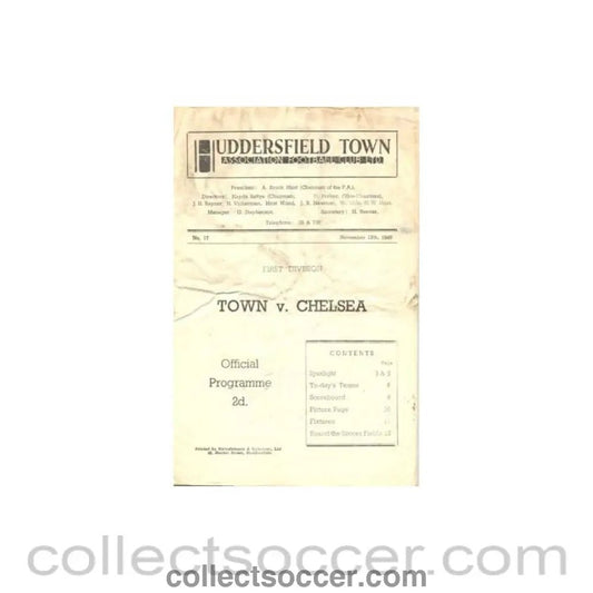 1949 - Huddersfield Town vChelsea official programme 12/11/1949 - Collect Soccer