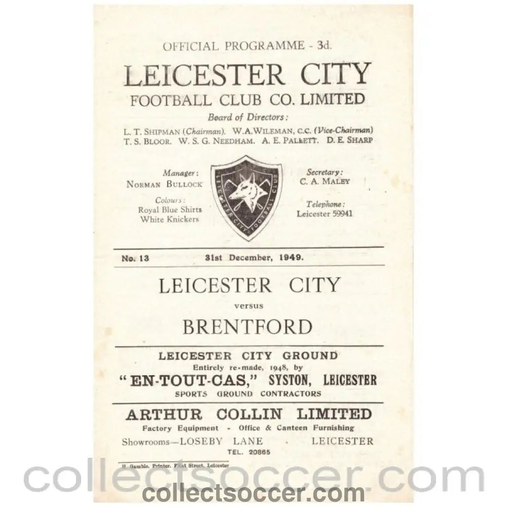 1949 Leicester City v Brentford Official Programme - Collect Soccer