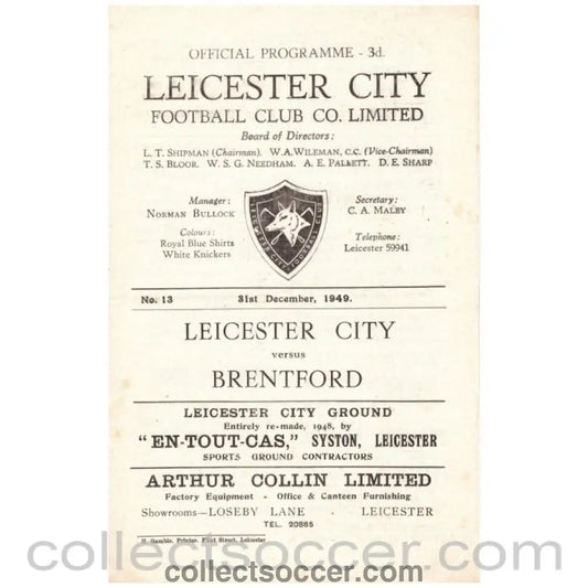 1949 Leicester City v Brentford Official Programme - Collect Soccer