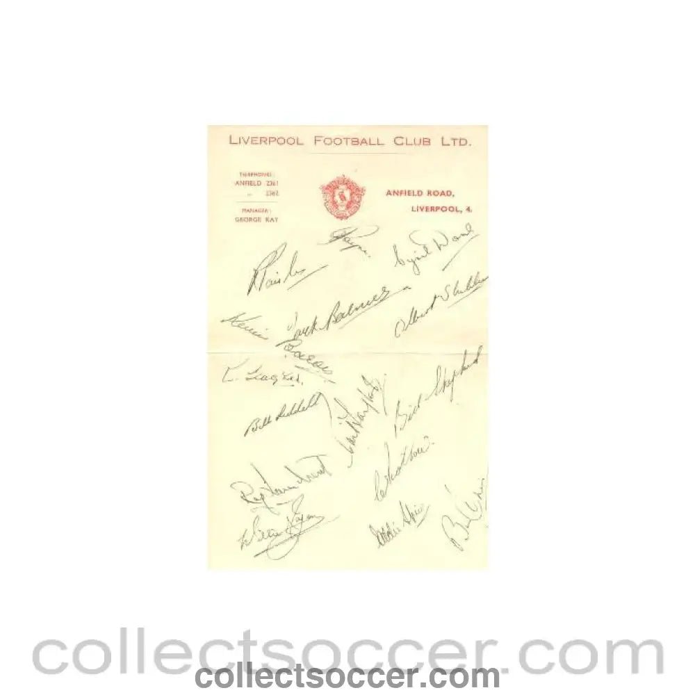 1949 - Liverpool Players Signatures Facsimile probably of Season 1949-1950 - Collect Soccer