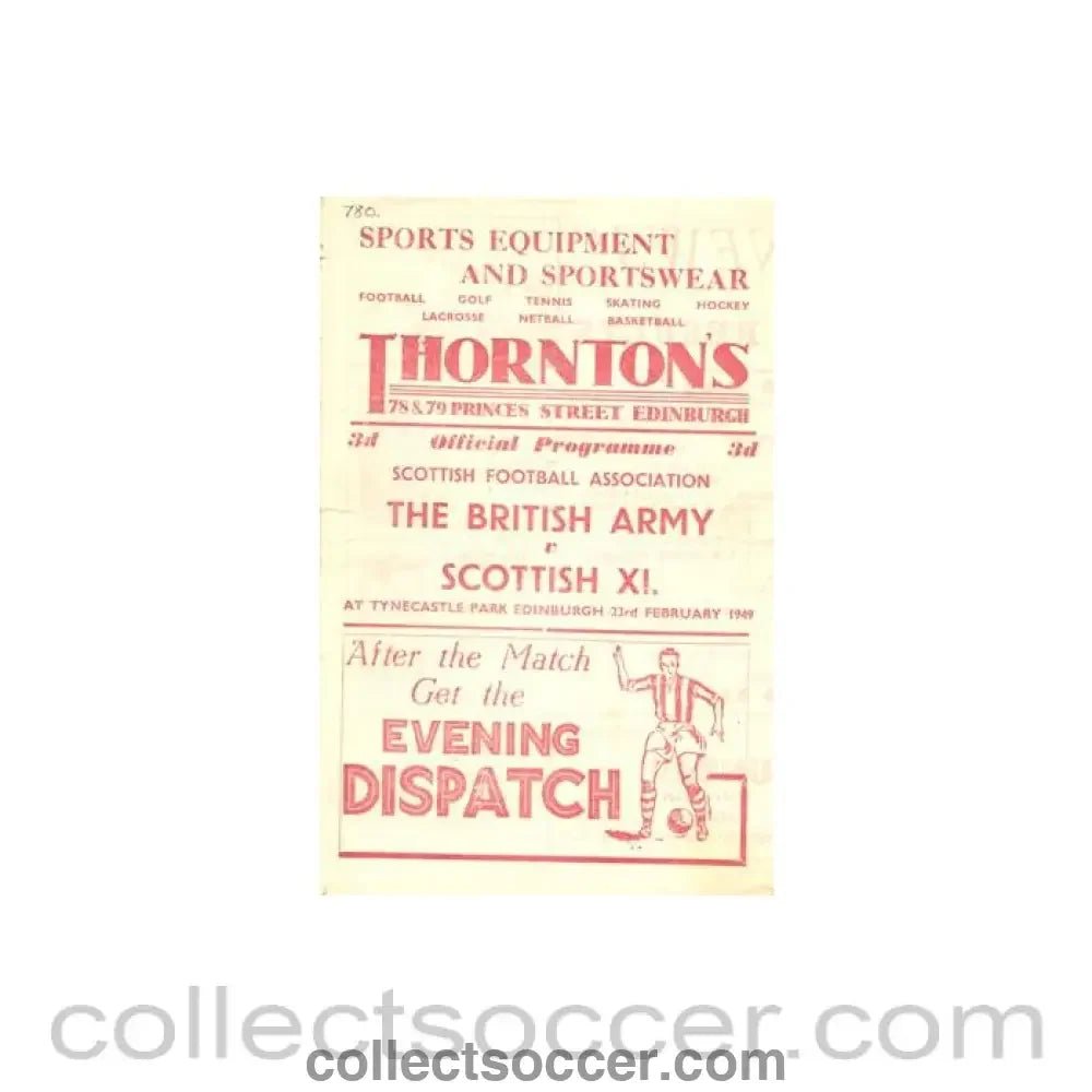 1949 - The British Army v Scottish XI official programme 23/02/1949 at Hearts Tynecastle Park Stadium Edinburgh - Collect Soccer