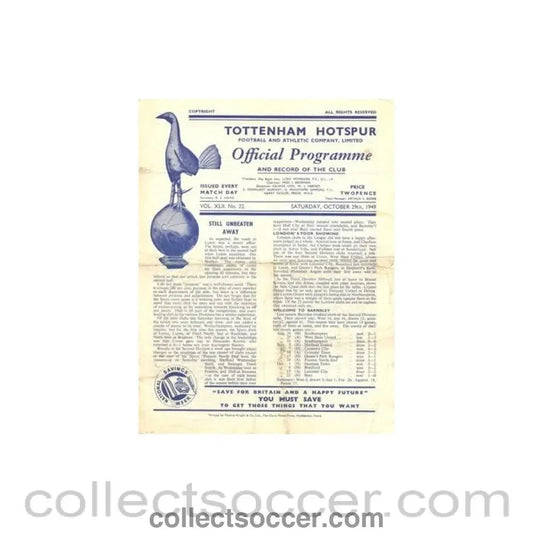 1949 - Tottenham Hotspur v Barnsley official programme 29/10/1949 Football League - Collect Soccer