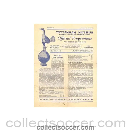1949 - Tottenham Hotspur v Bury official programme 17/09/1949 Football League - Collect Soccer