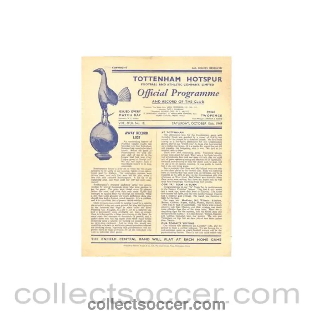 1949 - Tottenham Hotspur v Coventry City official programme 15/10/1949 Football League - Collect Soccer