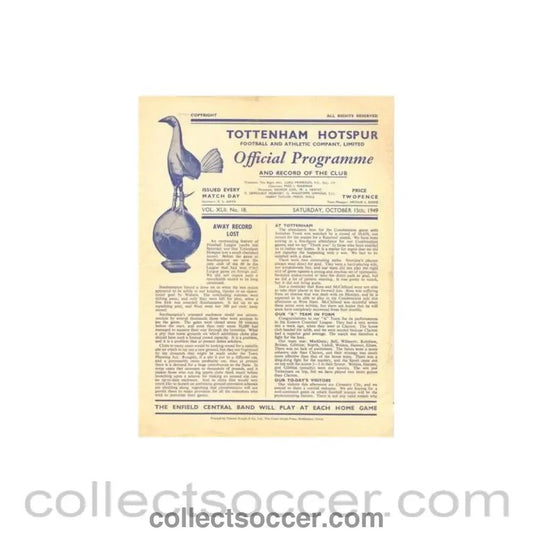 1949 - Tottenham Hotspur v Coventry City official programme 15/10/1949 Football League - Collect Soccer