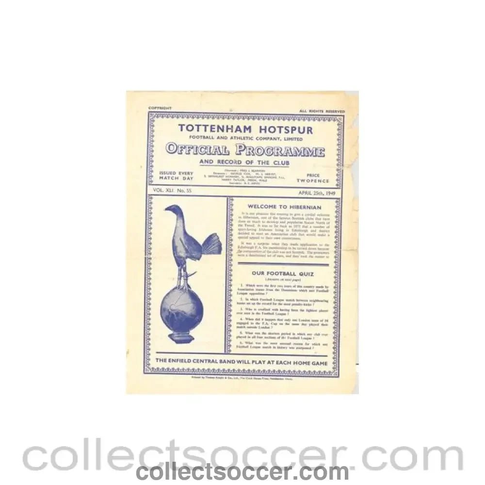 1949 - Tottenham Hotspur v Hibernian official programme 25/04/1949 Friendly Match - Collect Soccer