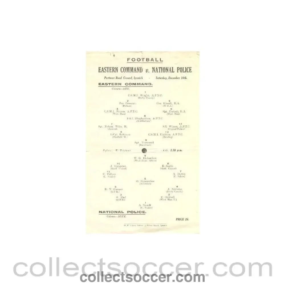 1950 - At Ipswich - Eastern Command v National Police official programme 16/12/1950 - Collect Soccer