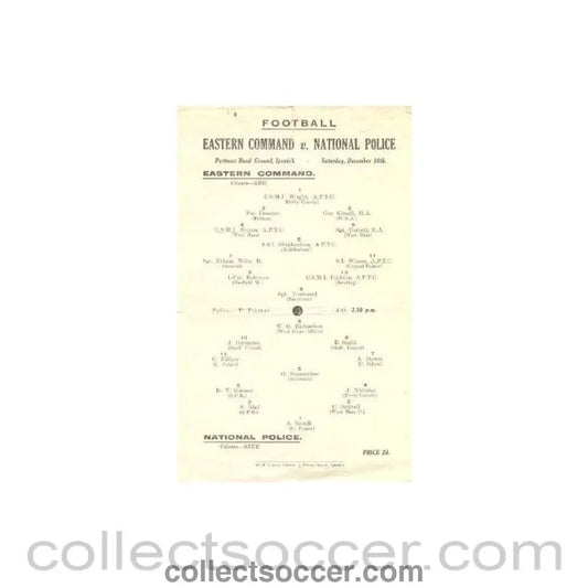 1950 - At Ipswich - Eastern Command v National Police official programme 16/12/1950 - Collect Soccer