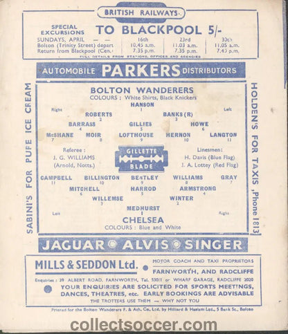 1950 Bolton Wanderers v Chelsea official programme 10/04/1950 - Collect Soccer