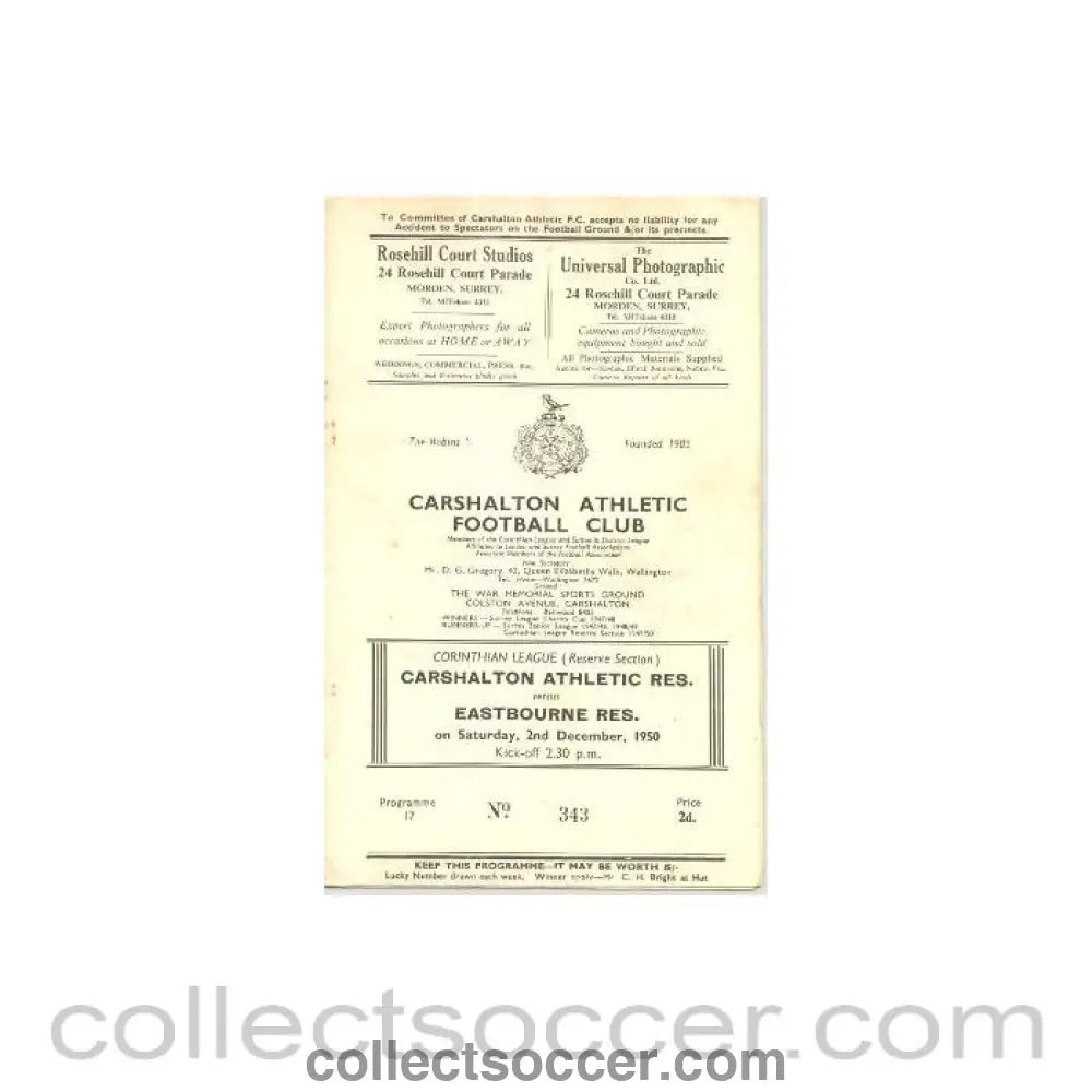 1950 - Carshalton Athletic Reserves v Eastbourne Reserves official programme 02/12/1950 - Collect Soccer
