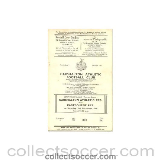 1950 - Carshalton Athletic Reserves v Eastbourne Reserves official programme 02/12/1950 - Collect Soccer