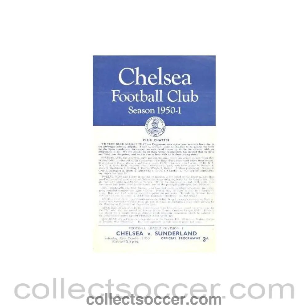 1950 - Chelsea v Sunderland official programme 28/10/1950 - Collect Soccer