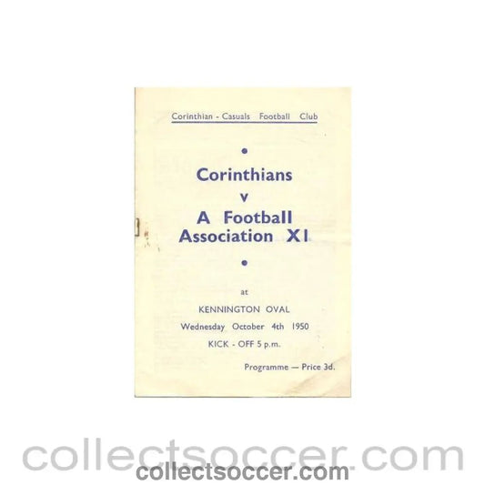 1950 - Corinthian Casuals v A Football Association XI official programme 04/10/1950 - Collect Soccer