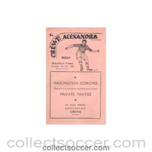 1950 - Creve Alexandra v Mansfield Town official programme 04/02/1950 - Collect Soccer