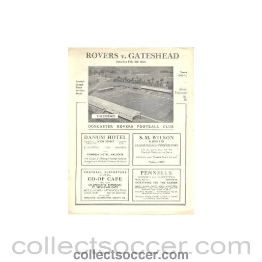 1950 - Doncaster Rovers v Gateshead official programme 04/02/1950 - Collect Soccer