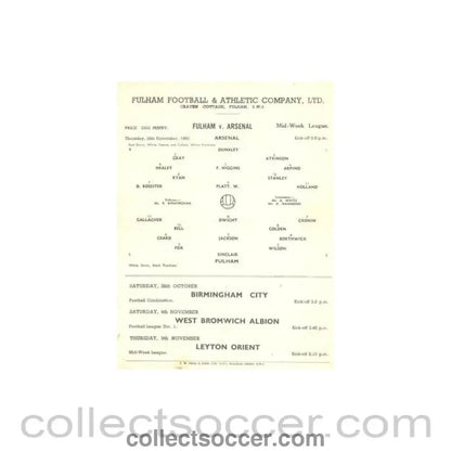 1950 - Fulham v Arsenal official programme 26/11/1950 Reserves - Collect Soccer