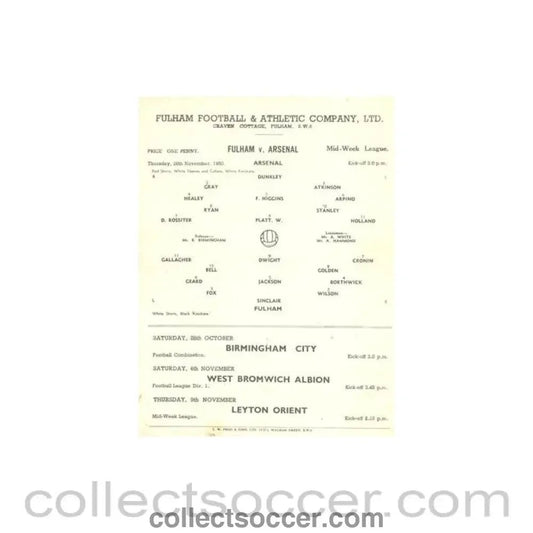 1950 - Fulham v Arsenal official programme 26/11/1950 Reserves - Collect Soccer