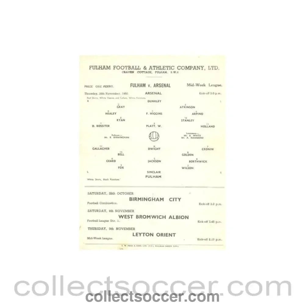 1950 - Fulham v Arsenal official programme 26/11/1950 Reserves - Collect Soccer