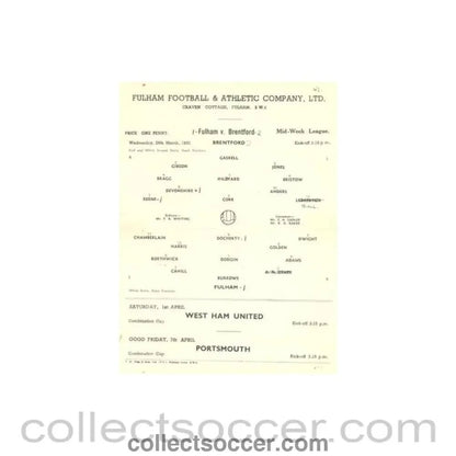 1950 - Fulham v Brentford official programme 29/03/1950 Reserves - Collect Soccer