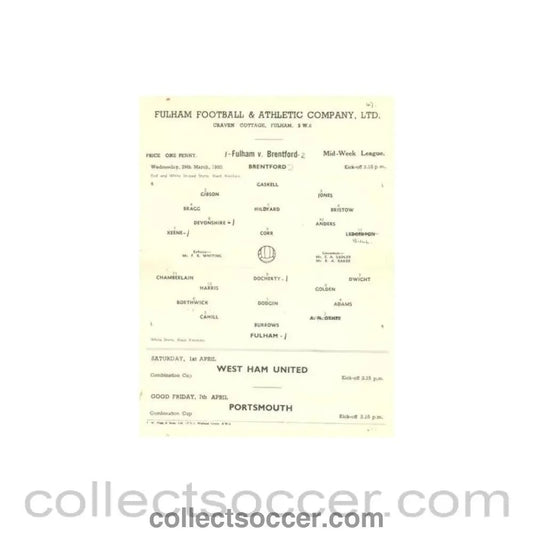 1950 - Fulham v Brentford official programme 29/03/1950 Reserves - Collect Soccer