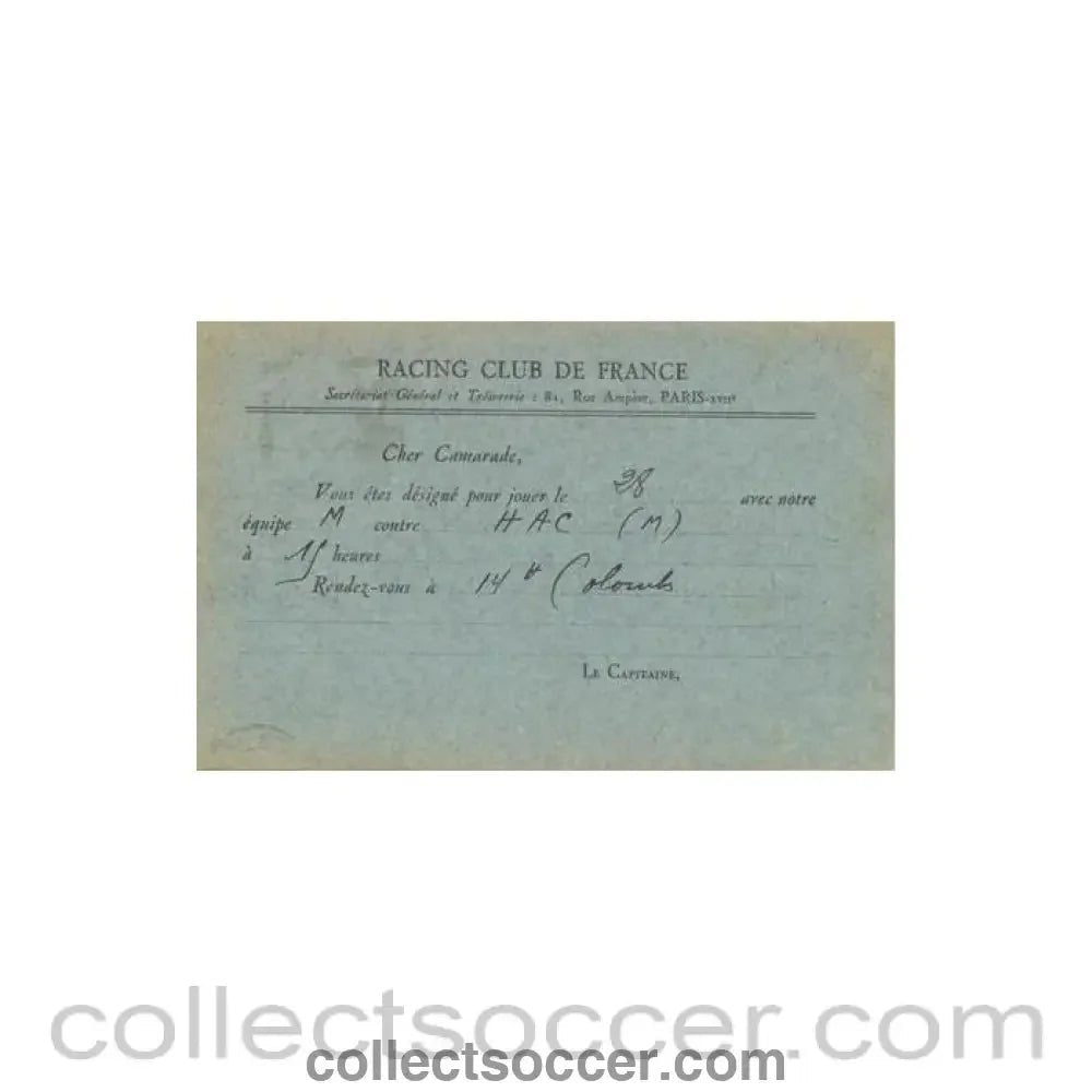 1950 - Racing Club de France postcard of 24/09/1950 - Collect Soccer