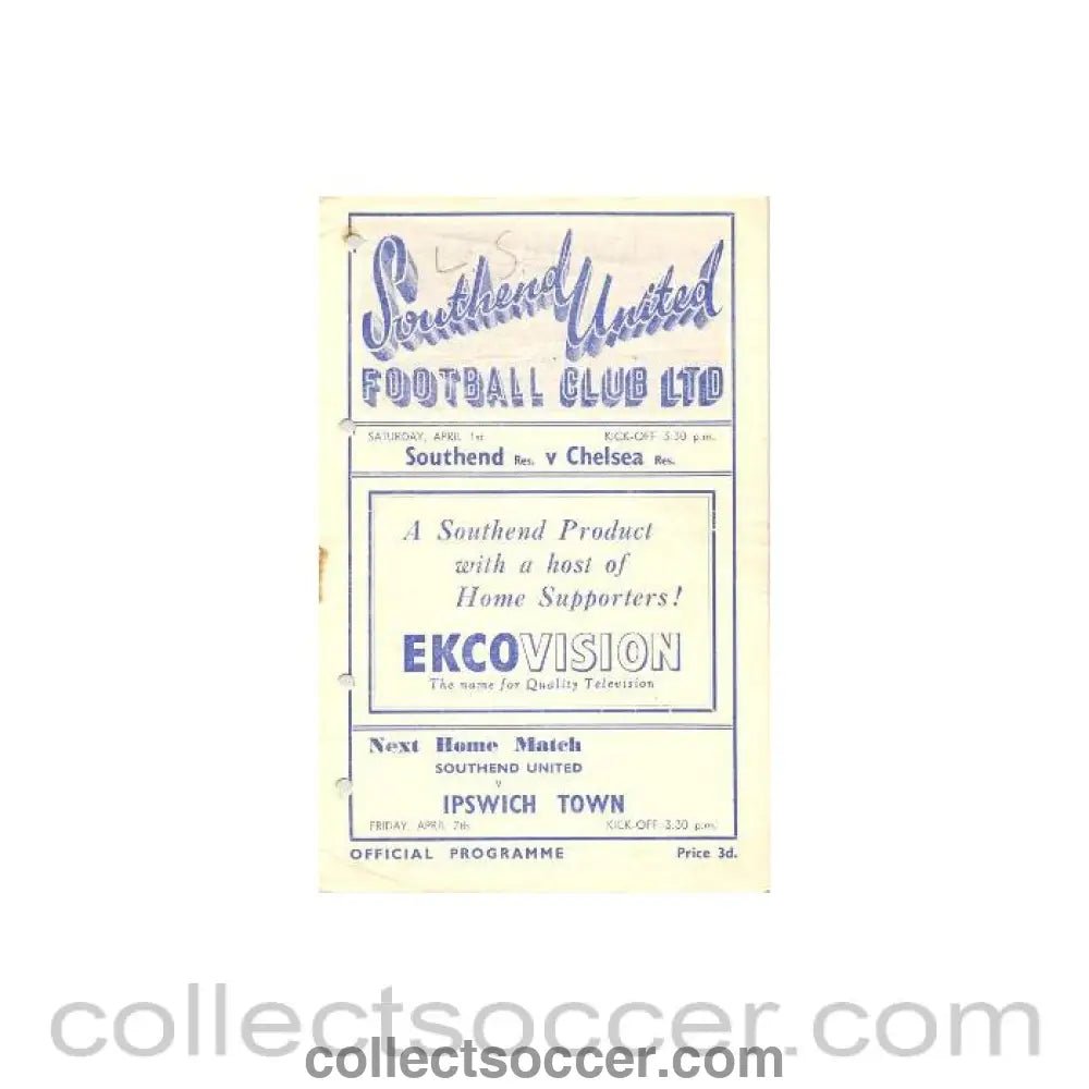 1950 - Southend vChelsea official programme 01/04/1950 - Collect Soccer