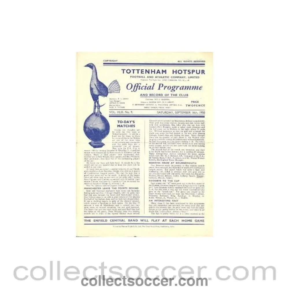 1950 - Tottenham Hotspur Reserves vChelsea Reserves official programme 16/09/1950 - Collect Soccer